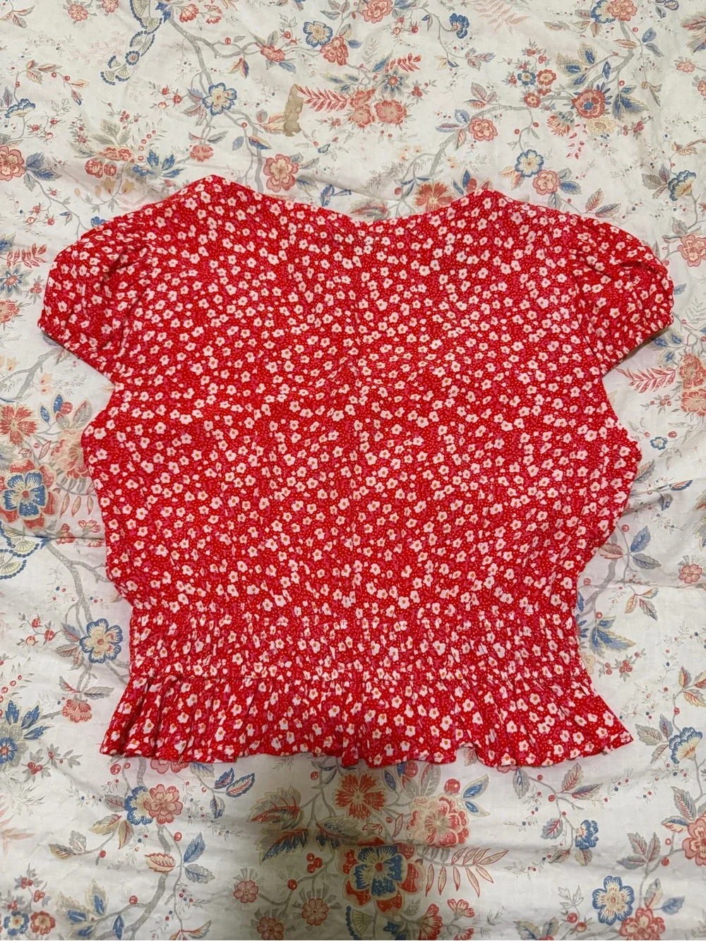 Faithfull the Brand Red Ditsy Floral Smocked Crop Top